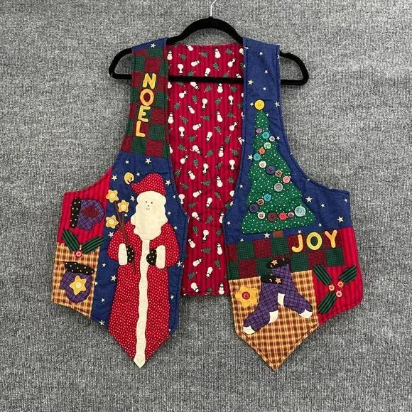 Vintage Handmade Christmas Vest One Size Quilted Santa 90s Folk Art Ugly Teacher - Picture 1 of 6